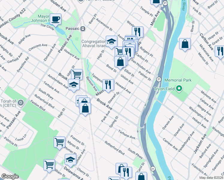 map of restaurants, bars, coffee shops, grocery stores, and more near 119 Main Avenue in Passaic
