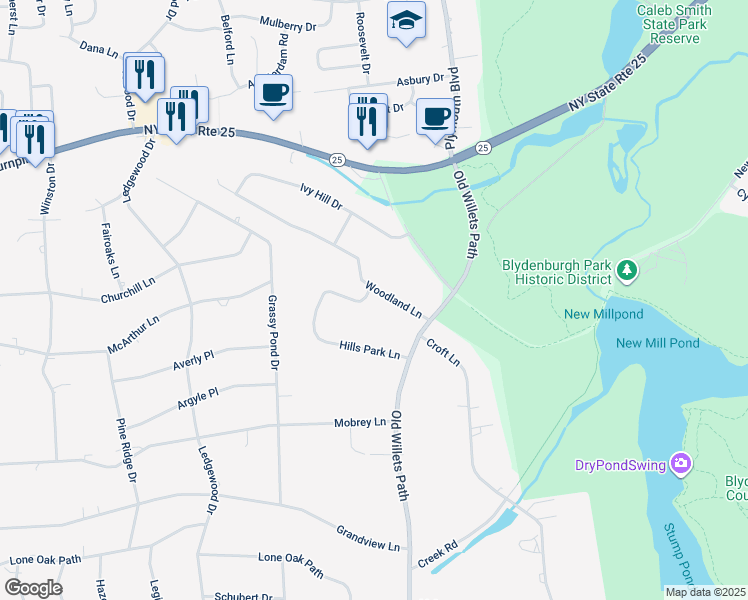 map of restaurants, bars, coffee shops, grocery stores, and more near 21 Hills Park Lane in Smithtown