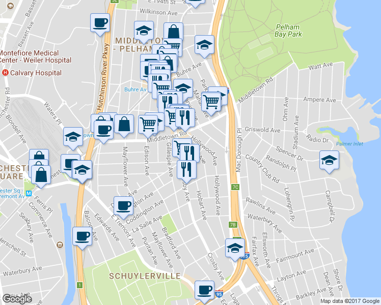 map of restaurants, bars, coffee shops, grocery stores, and more near 1563 Merry Avenue in Bronx