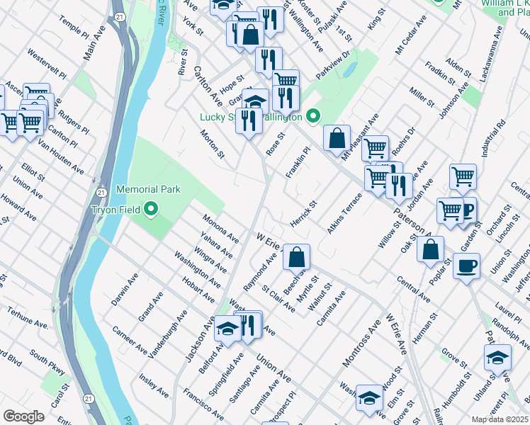 map of restaurants, bars, coffee shops, grocery stores, and more near 2 Carlton Avenue in East Rutherford