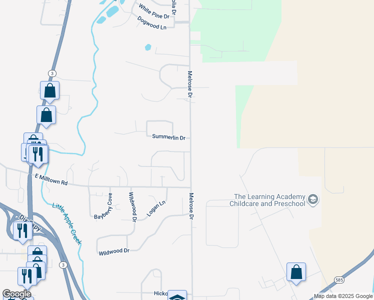 map of restaurants, bars, coffee shops, grocery stores, and more near 3574 Melrose Drive in Wooster
