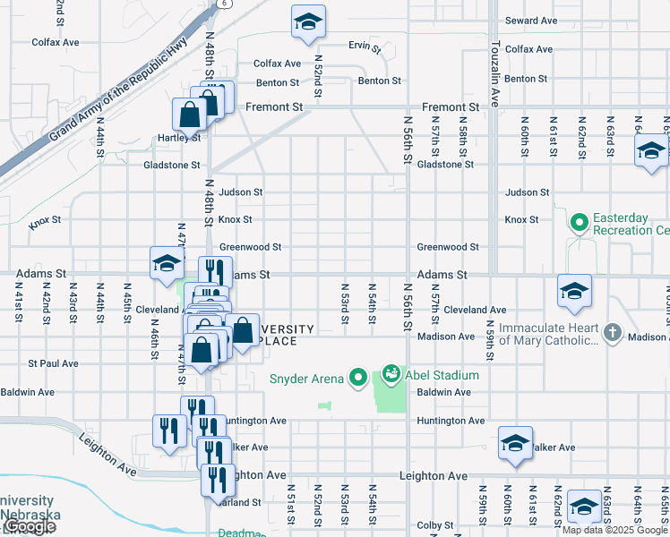 map of restaurants, bars, coffee shops, grocery stores, and more near 5234 Adams Street in Lincoln