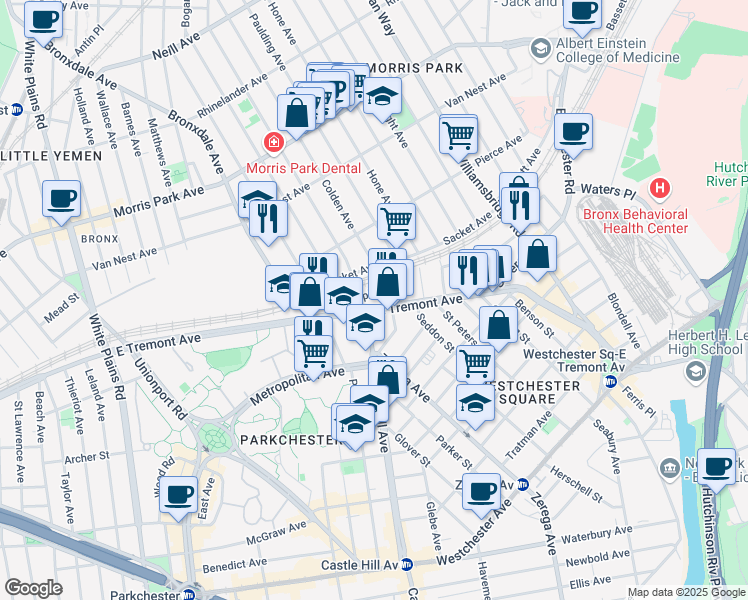 map of restaurants, bars, coffee shops, grocery stores, and more near 2453 Poplar Street in The Bronx