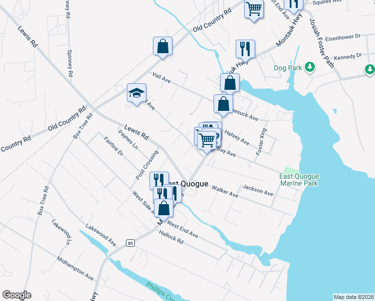 map of restaurants, bars, coffee shops, grocery stores, and more near in East Quogue