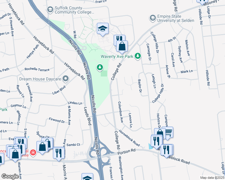 map of restaurants, bars, coffee shops, grocery stores, and more near 20 Columbus Avenue in Farmingville