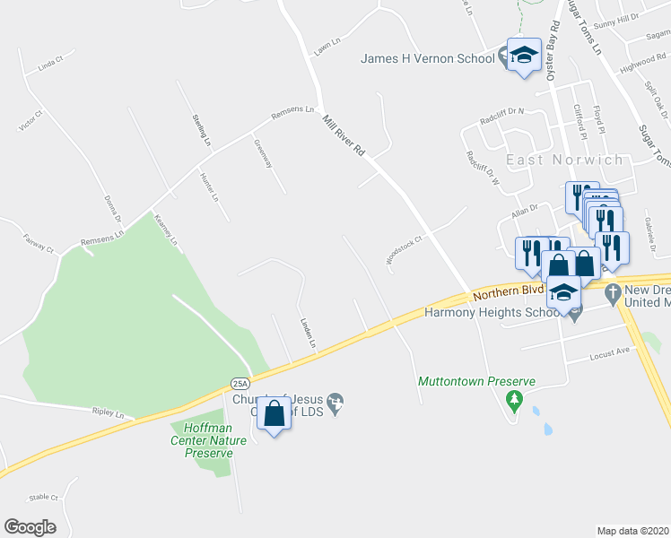 map of restaurants, bars, coffee shops, grocery stores, and more near 6193 Northern Boulevard in East Norwich