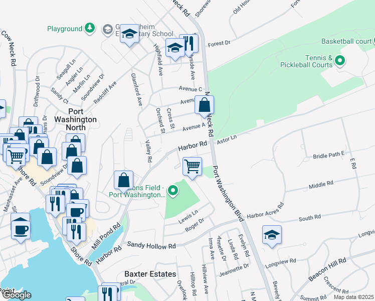 map of restaurants, bars, coffee shops, grocery stores, and more near 127a Harbor Road in Port Washington