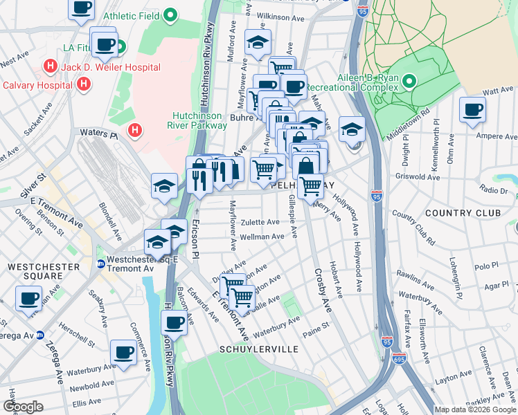 map of restaurants, bars, coffee shops, grocery stores, and more near 2902 Middletown Road in Bronx