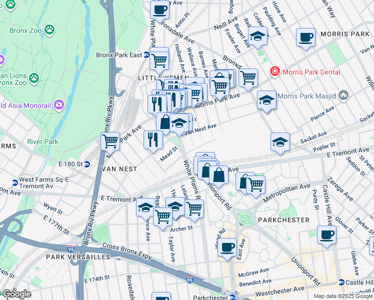 map of restaurants, bars, coffee shops, grocery stores, and more near 1670 Hunt Avenue in The Bronx