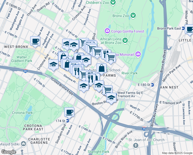 map of restaurants, bars, coffee shops, grocery stores, and more near 2061 Daly Avenue in Bronx