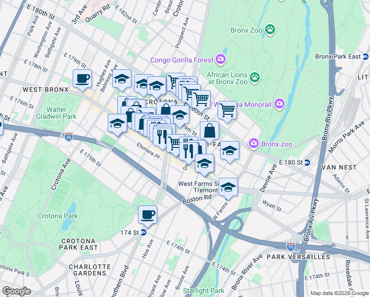 map of restaurants, bars, coffee shops, grocery stores, and more near 887 East 178th Street in Bronx