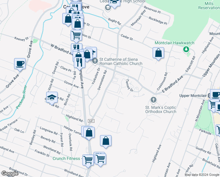 map of restaurants, bars, coffee shops, grocery stores, and more near 160 Ridge Road in Cedar Grove