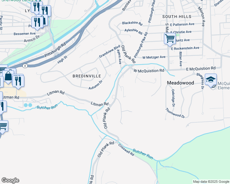 map of restaurants, bars, coffee shops, grocery stores, and more near 87 Old Plank Road in Butler