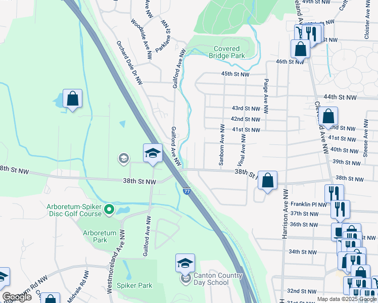 map of restaurants, bars, coffee shops, grocery stores, and more near 4027 Orchard Dale Drive Northwest in Canton
