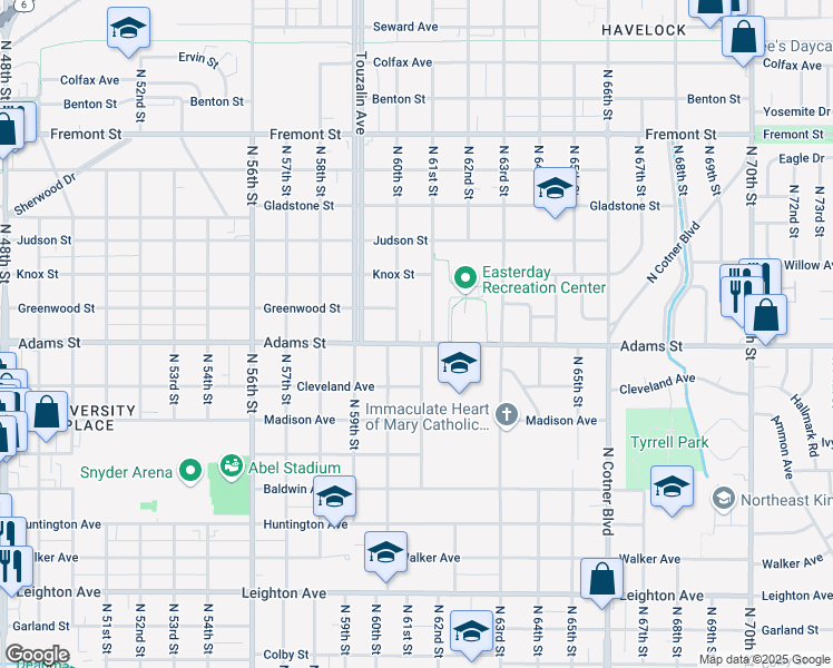 map of restaurants, bars, coffee shops, grocery stores, and more near 3055 North 61st Street in Lincoln