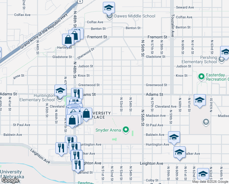 map of restaurants, bars, coffee shops, grocery stores, and more near 5209 Greenwood Street in Lincoln