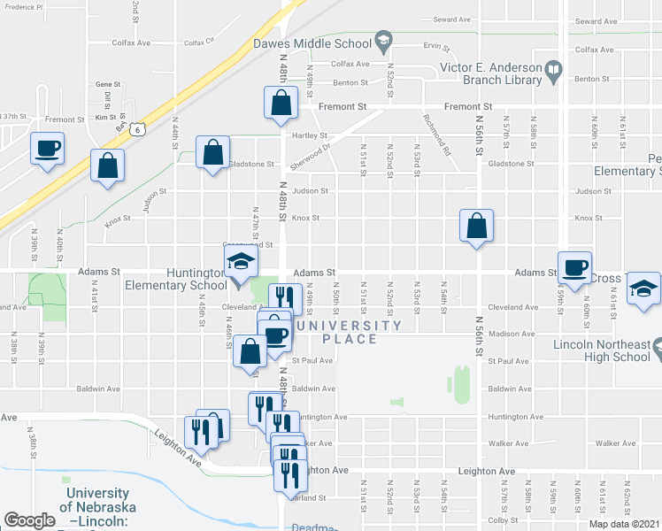 map of restaurants, bars, coffee shops, grocery stores, and more near 3043 North 50th Street in Lincoln