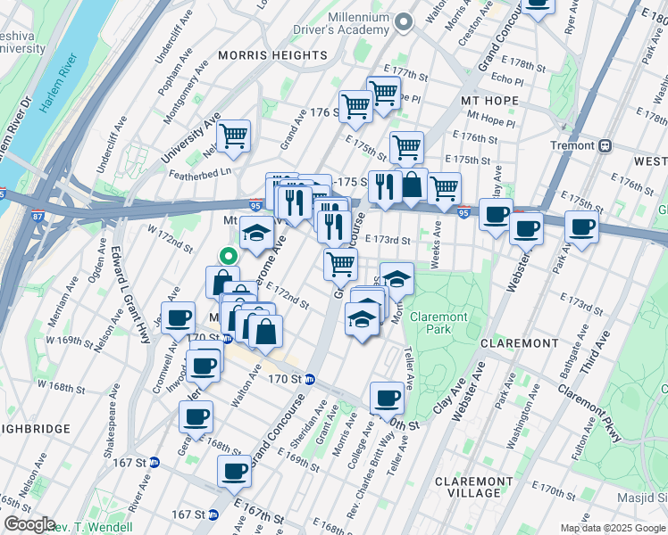 map of restaurants, bars, coffee shops, grocery stores, and more near 121 East Mount Eden Avenue in Bronx