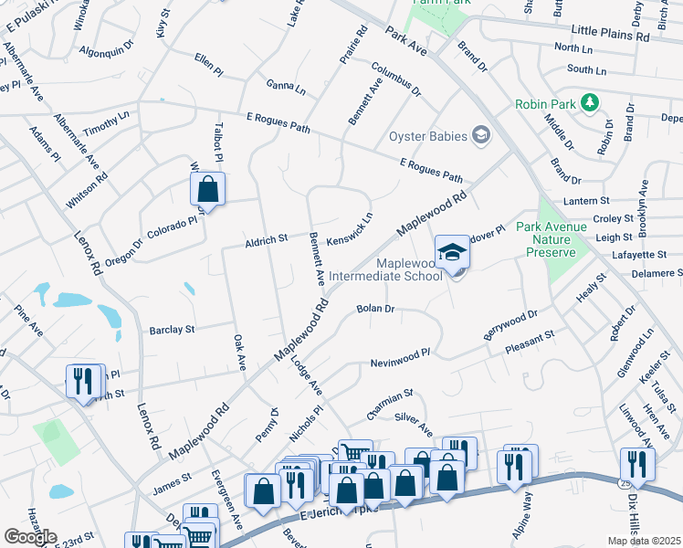 map of restaurants, bars, coffee shops, grocery stores, and more near 289 Maplewood Road in Huntington Station