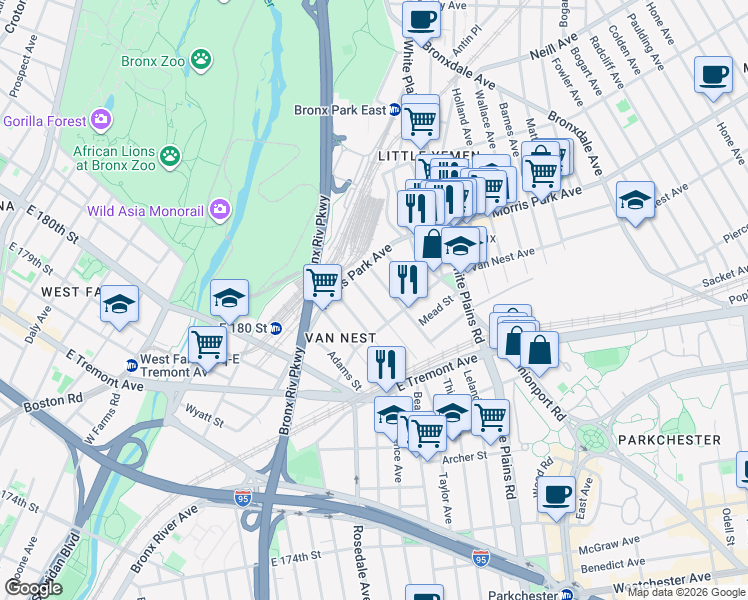 map of restaurants, bars, coffee shops, grocery stores, and more near 1728 Taylor Avenue in Bronx