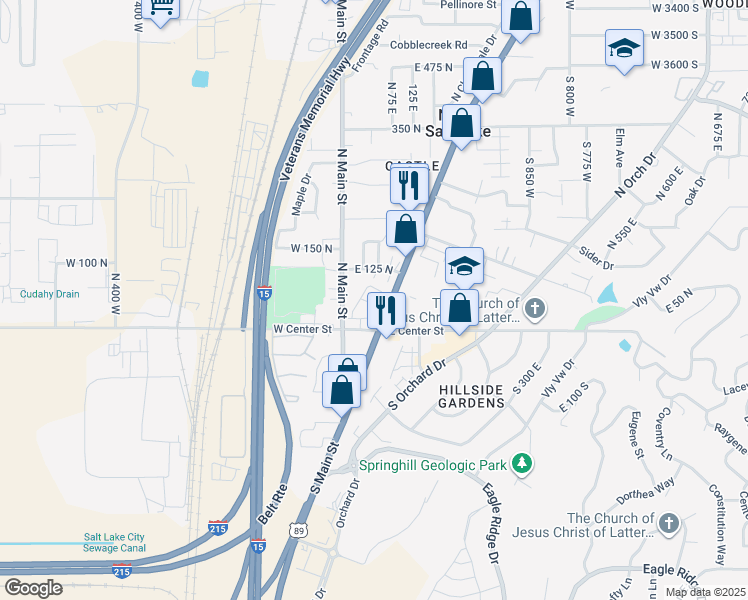 map of restaurants, bars, coffee shops, grocery stores, and more near 107 Bamberger Court in North Salt Lake