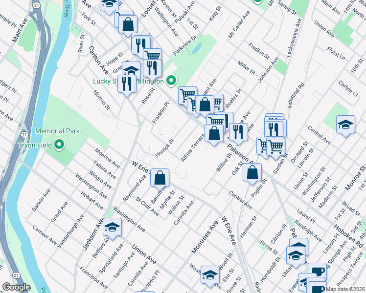 map of restaurants, bars, coffee shops, grocery stores, and more near 37 Bobbink Terrace in East Rutherford