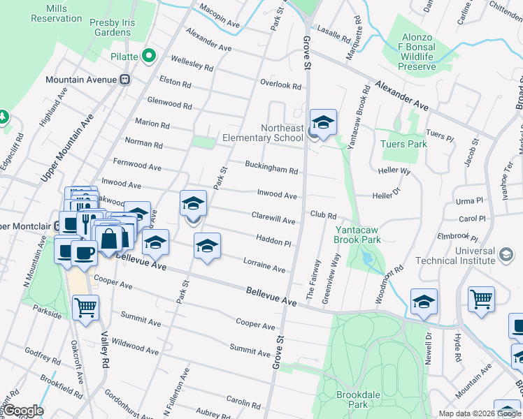 map of restaurants, bars, coffee shops, grocery stores, and more near 117 Clarewill Avenue in Montclair