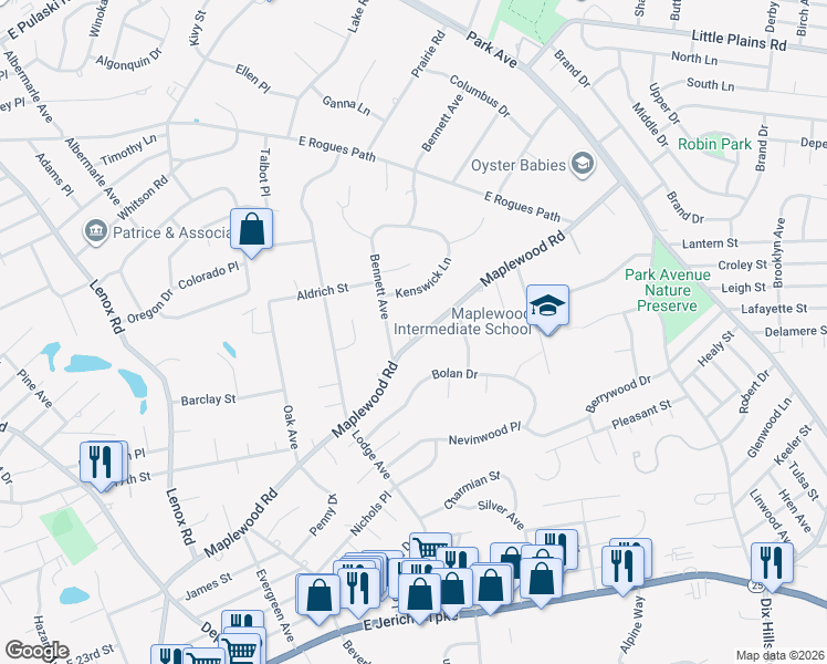 map of restaurants, bars, coffee shops, grocery stores, and more near 289 Maplewood Road in Huntington Station