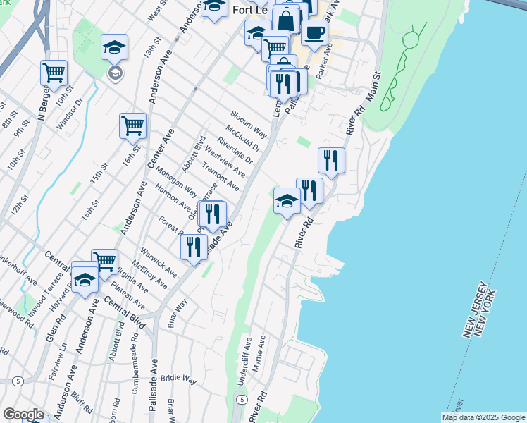 map of restaurants, bars, coffee shops, grocery stores, and more near 6 Horizon Road in Fort Lee