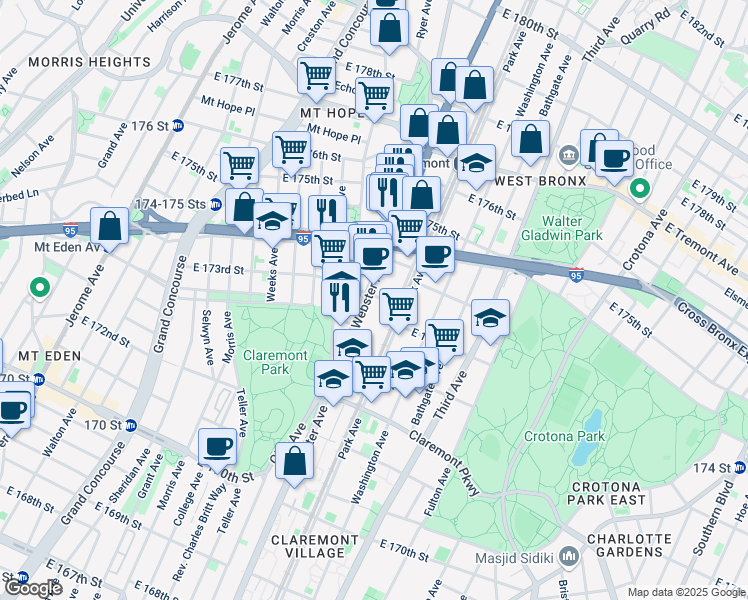 map of restaurants, bars, coffee shops, grocery stores, and more near 1713 Webster Avenue in Bronx