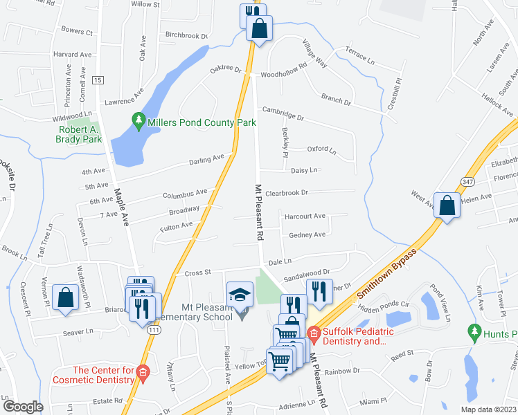 map of restaurants, bars, coffee shops, grocery stores, and more near 88 Mount Pleasant Road in Smithtown