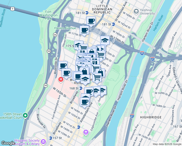 map of restaurants, bars, coffee shops, grocery stores, and more near 563 West 171st Street in New York