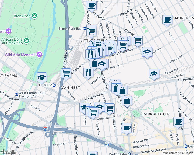 map of restaurants, bars, coffee shops, grocery stores, and more near in The Bronx