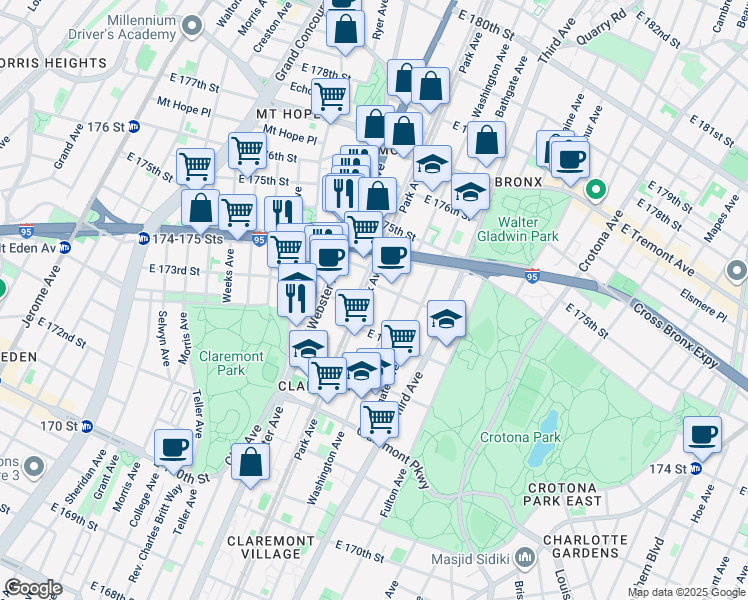 map of restaurants, bars, coffee shops, grocery stores, and more near 4029 Park Avenue in Bronx