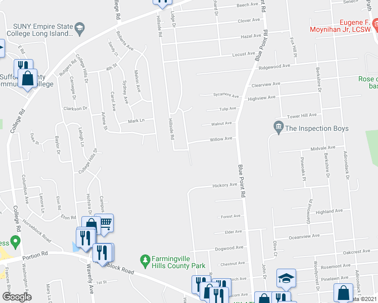 map of restaurants, bars, coffee shops, grocery stores, and more near Lidge Drive in Farmingville