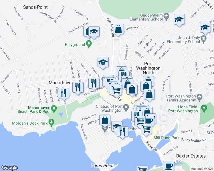 map of restaurants, bars, coffee shops, grocery stores, and more near 7806 Shore Road in Port Washington