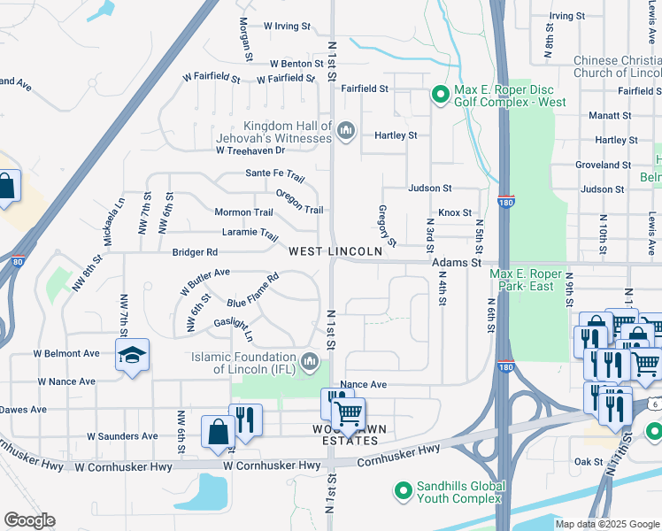 map of restaurants, bars, coffee shops, grocery stores, and more near 2999 North 1st Street in Lincoln