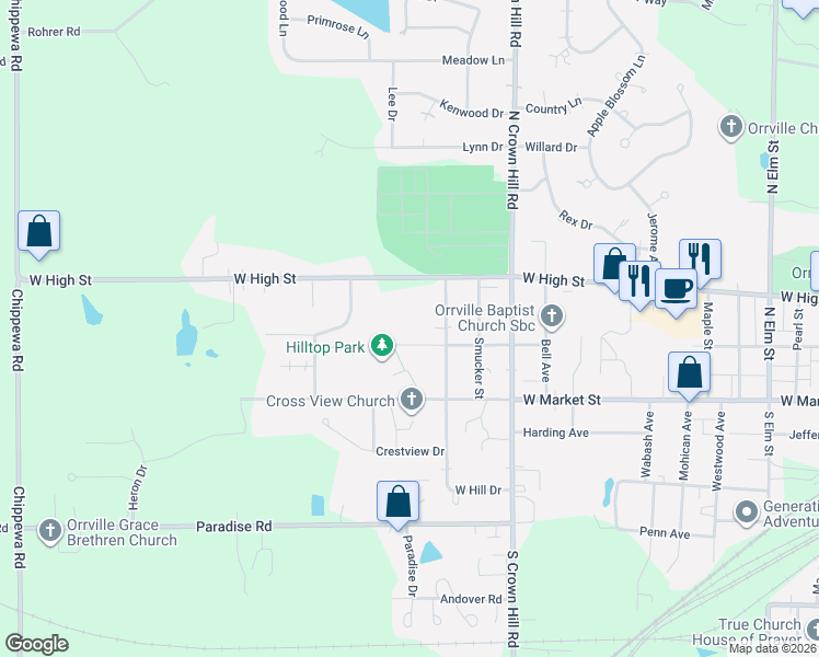 map of restaurants, bars, coffee shops, grocery stores, and more near 1700 West Church Street in Orrville