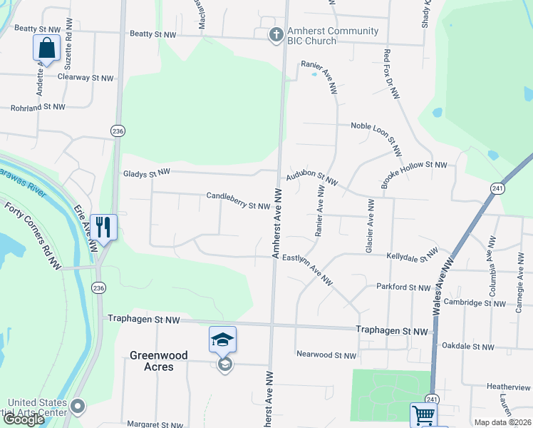 map of restaurants, bars, coffee shops, grocery stores, and more near 8683 Candleberry Street Northwest in Massillon
