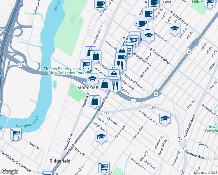 map of restaurants, bars, coffee shops, grocery stores, and more near 35 West Columbia Avenue in Palisades Park