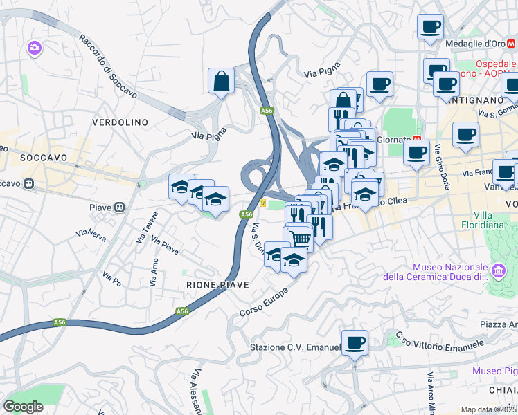 map of restaurants, bars, coffee shops, grocery stores, and more near A56 in Naples
