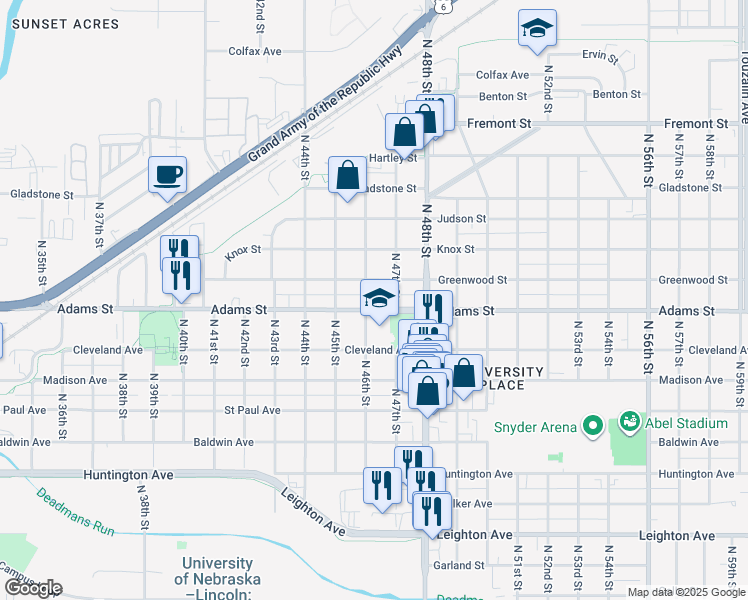 map of restaurants, bars, coffee shops, grocery stores, and more near 4623 Greenwood Street in Lincoln