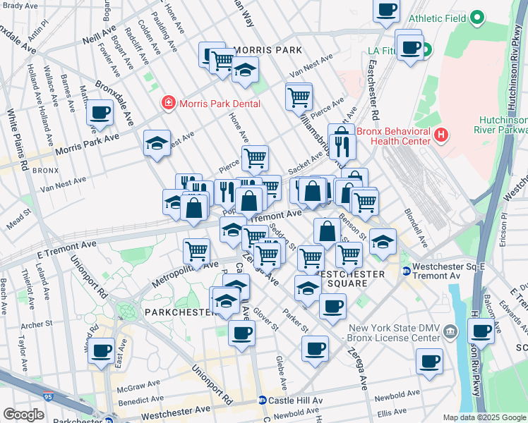 map of restaurants, bars, coffee shops, grocery stores, and more near 1524 Hone Avenue in Bronx