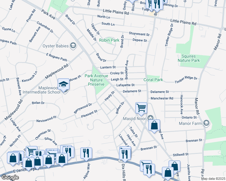 map of restaurants, bars, coffee shops, grocery stores, and more near 977 Park Avenue in Huntington
