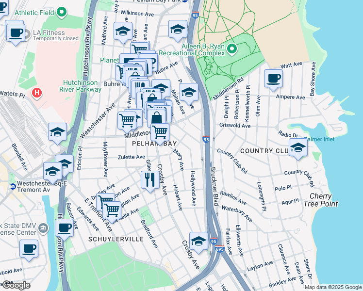 map of restaurants, bars, coffee shops, grocery stores, and more near 1562 Hollywood Avenue in Bronx