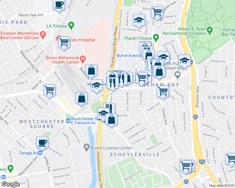 map of restaurants, bars, coffee shops, grocery stores, and more near in The Bronx