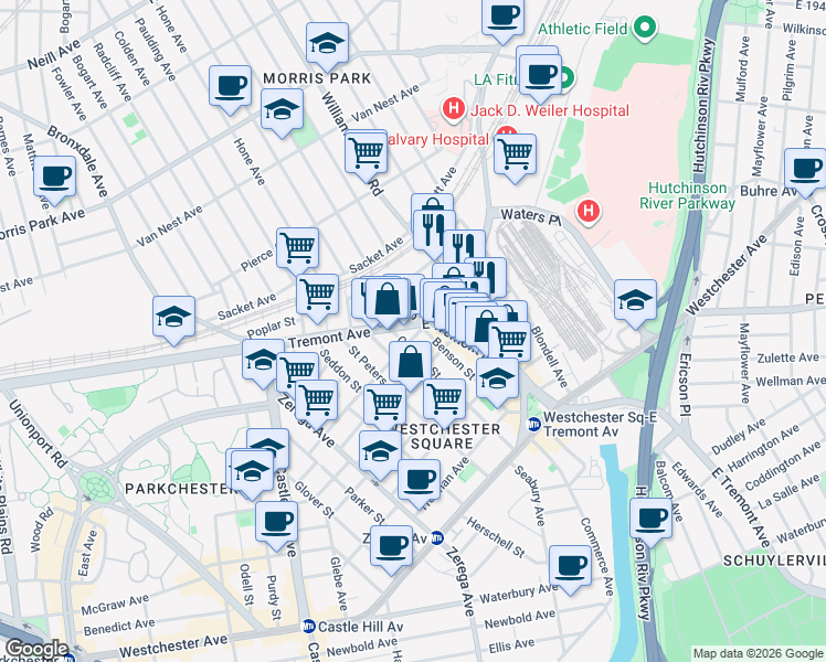 map of restaurants, bars, coffee shops, grocery stores, and more near 1511 Silver Street in Bronx