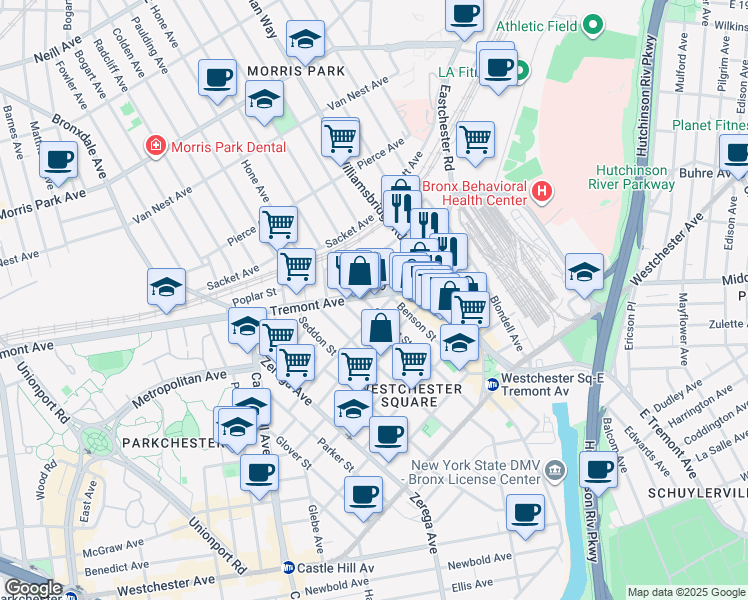 map of restaurants, bars, coffee shops, grocery stores, and more near 1511 Silver Street in Bronx