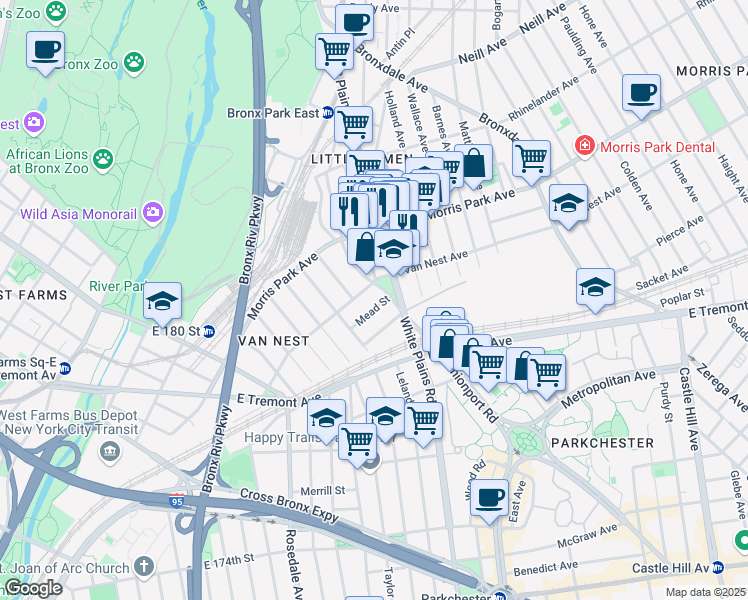 map of restaurants, bars, coffee shops, grocery stores, and more near in The Bronx
