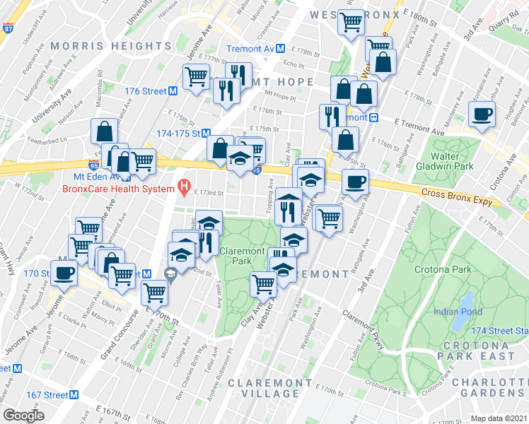 map of restaurants, bars, coffee shops, grocery stores, and more near in The Bronx